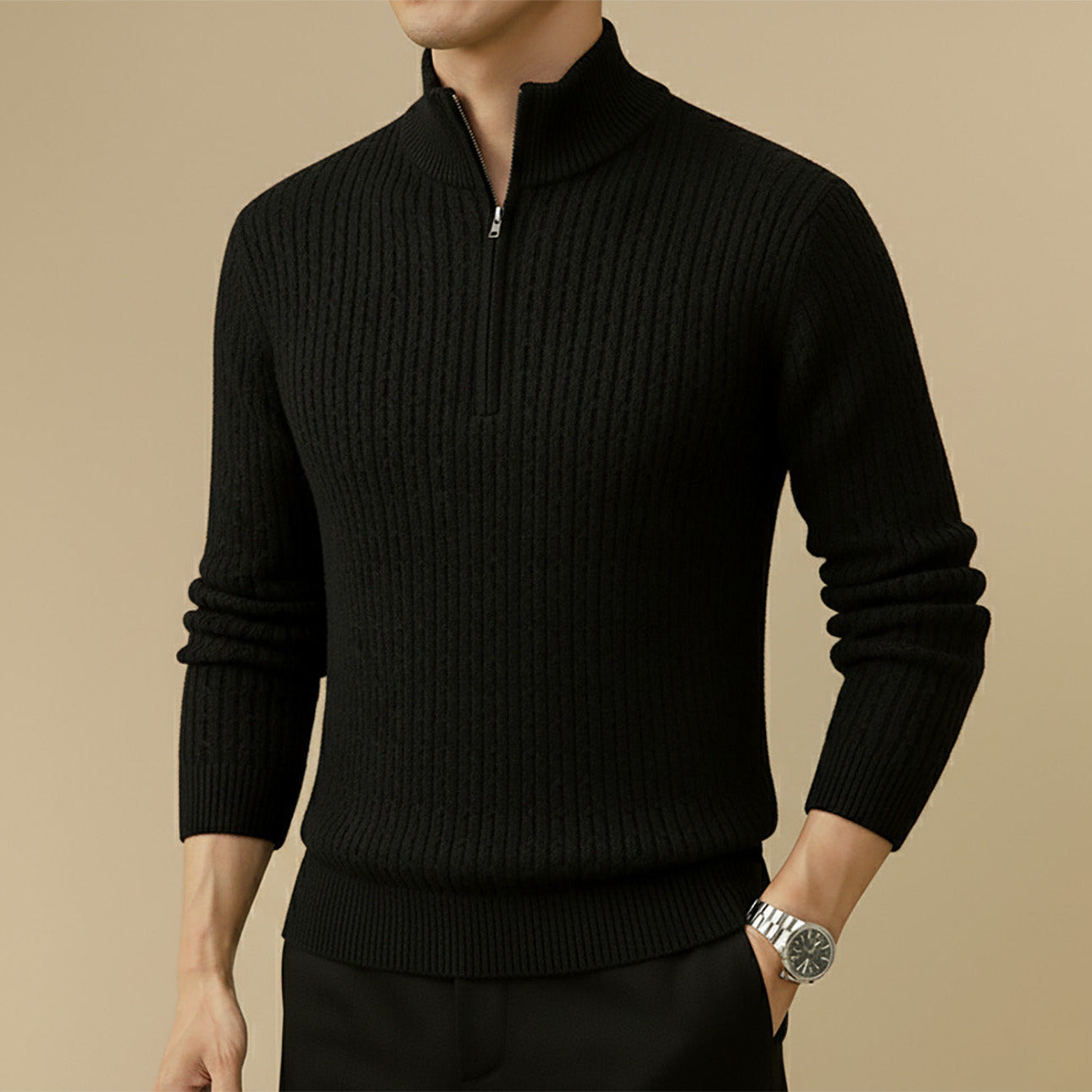 Ribbed Half-Zip Wool Sweater