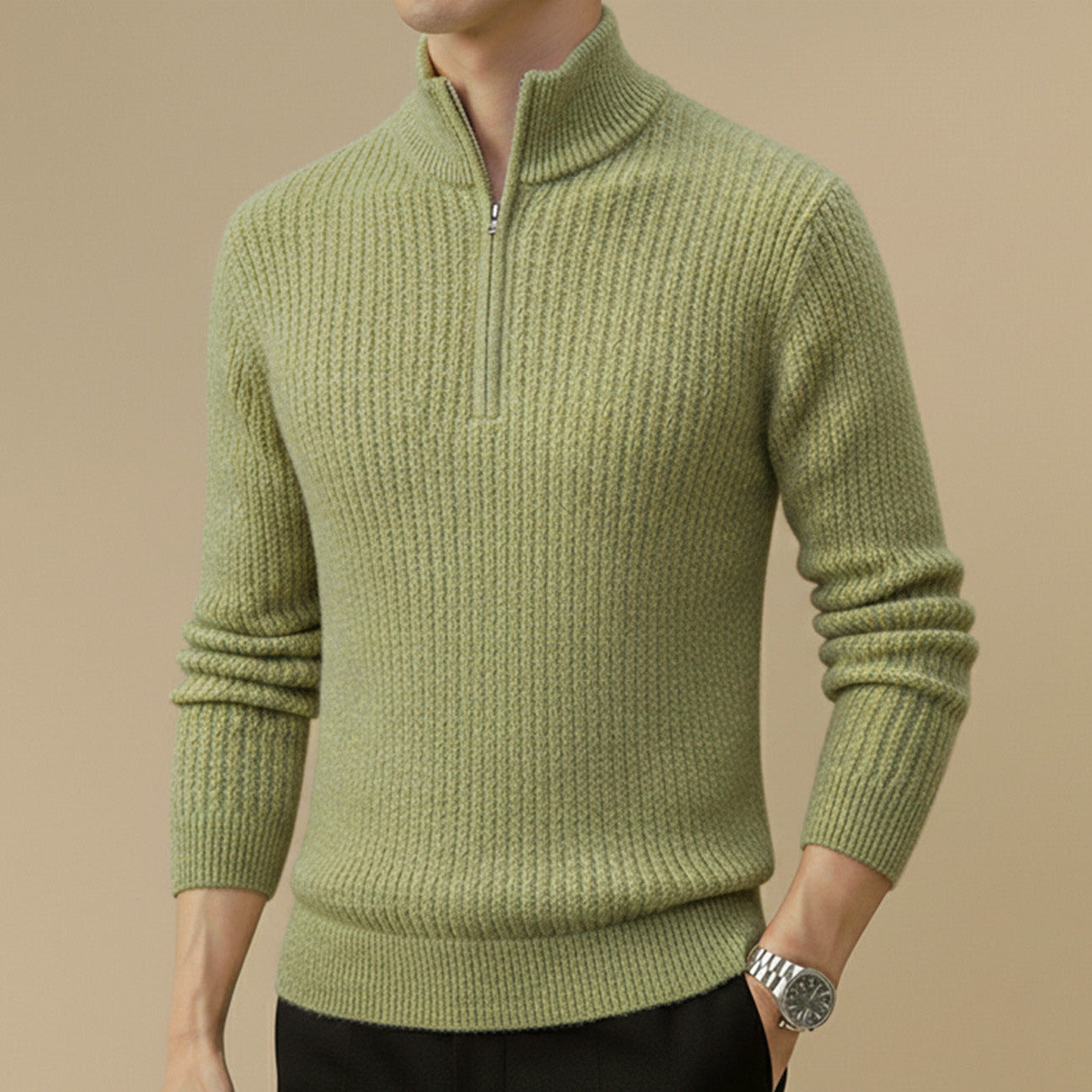 Ribbed Half-Zip Wool Sweater