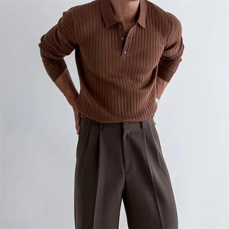 Ivory Ribbed Long Sleeve Polo